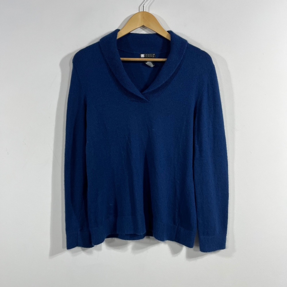Carole Little VTG Quiet Luxury Blue Angora Wool Shawl Collar Sweater Women Large